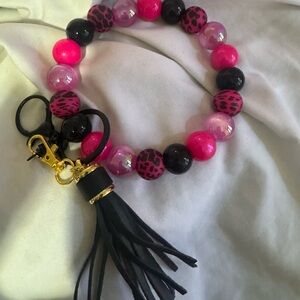 Pink & Black Beaded Wristlet Keychain Bracelet with Tassel